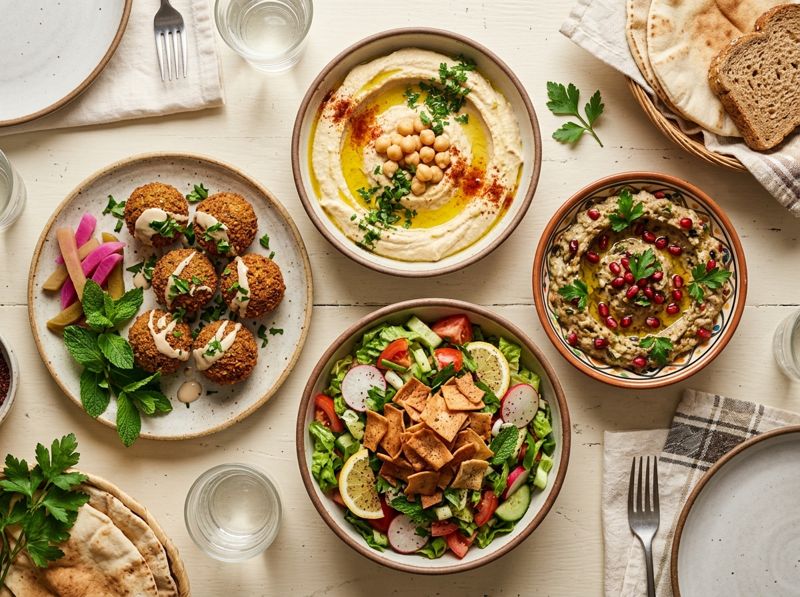 Syrische Vorspeisen: Hummus, Mutabbal, Fattoush und Falafel